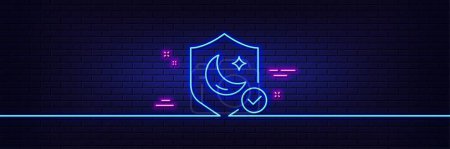 Illustration for Neon light glow effect. Sleep guard line icon. No insomnia sign. Night protection symbol. 3d line neon glow icon. Brick wall banner. Guard outline. Vector - Royalty Free Image
