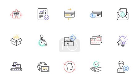 Illustration for Credit card, Payment method and Smile line icons for website, printing. Collection of Checked calculation, Web photo, Approved icons. Card, Face id, Person idea web elements. Disability. Vector - Royalty Free Image