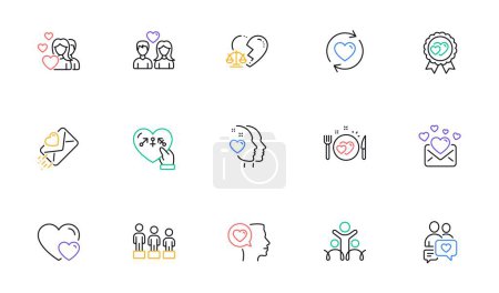 Illustration for Update relationships, Hearts and Equality line icons for website, printing. Collection of Dating chat, Heart, Love letter icons. Genders, Romantic talk, Romantic dinner web elements. Vector - Royalty Free Image