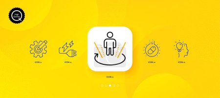 Illustration for Cogwheel, Augmented reality and Idea minimal line icons. Yellow abstract background. Capsule pill, Electricity plug icons. For web, application, printing. Vector - Royalty Free Image