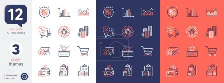 Illustration for Set of Accounting, Bitcoin chart and Infochart line icons. Include Diagram graph, Market sale, Stress icons. Report, Card, Fan engine web elements. Coins, Discounts offer, Loyalty card. Vector - Royalty Free Image