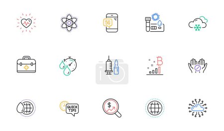 Illustration for Timer, Bitcoin graph and Medical vaccination line icons for website, printing. Collection of Heartbeat, Medical tablet, Snow weather icons. Quick tips, Cloud network, Globe web elements. Vector - Royalty Free Image