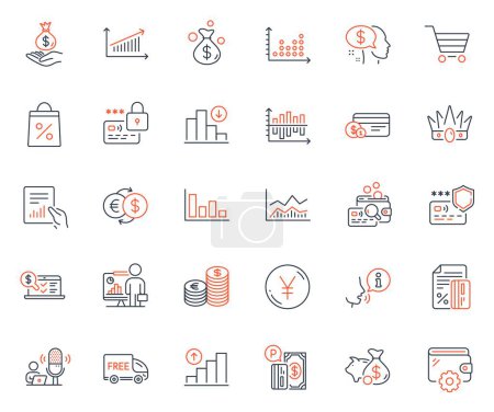Illustration for Finance icons set. Included icon as Lock, Free delivery and Wallet web elements. Dot plot, Payment protection, Income money icons. Money bag, Inspect, Market sale web signs. Vector - Royalty Free Image