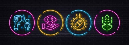 Illustration for Electronic thermometer, Health eye and Capsule pill minimal line icons. Neon laser 3d lights. Gluten free icons. For web, application, printing. Temperature scan, Optometry, Medicine drugs. Vector - Royalty Free Image