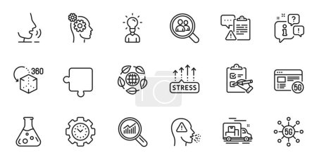 Illustration for Outline set of Clipboard, Data analysis and Thoughts line icons for web application. Talk, information, delivery truck outline icon. Include Augmented reality, Stress grows, Eco organic icons. Vector - Royalty Free Image