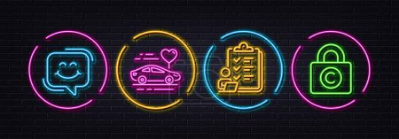Illustration for Honeymoon travel, Smile chat and Checklist minimal line icons. Neon laser 3d lights. Copyright locker icons. For web, application, printing. Car trip, Happy face, Questioning clipboard. Vector - Royalty Free Image