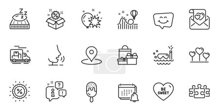 Illustration for Outline set of Ice cream, Smile chat and Be sweet line icons for web application. Talk, information, delivery truck outline icon. Include Love heart, Discount, Pin icons. Vector - Royalty Free Image