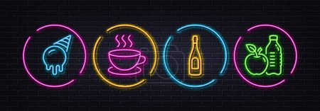 Téléchargez les illustrations : Cappuccino, Ice cream and Champagne minimal line icons. Neon laser 3d lights. Healthy food icons. For web, application, printing. Espresso cup, Sundae cone, Celebration drink. Drink bottle. Vector - en licence libre de droit
