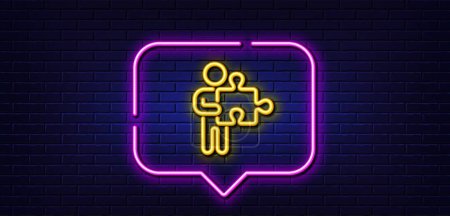 Illustration for Neon light speech bubble. Man with Puzzle line icon. Jigsaw piece sign. Business challenge symbol. Neon light background. Puzzle glow line. Brick wall banner. Vector - Royalty Free Image