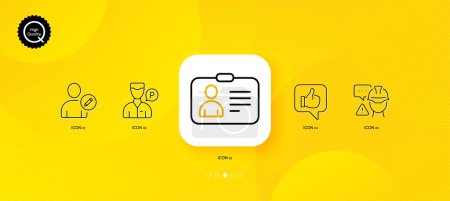 Ilustración de Valet servant, Like and Edit user minimal line icons. Yellow abstract background. Builder warning, Id card icons. For web, application, printing. Parking man, Thumbs up, Profile data. Vector - Imagen libre de derechos