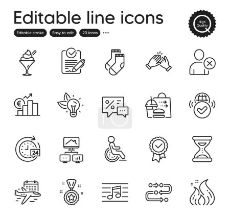 Téléchargez les illustrations : Set of Business outline icons. Contains icons as Winner reward, Tested stamp and Methodology elements. Ice cream, Verified internet, Clapping hands web signs. Work home, Euro rate. Vector - en licence libre de droit