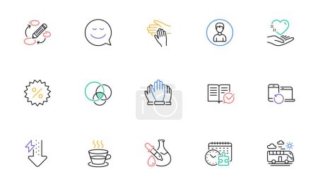 Illustration for Approved documentation, Keywords and Hold heart line icons for website, printing. Collection of Bus travel, Euler diagram, Discount icons. Person, Puzzle time, Energy drops web elements. Vector - Royalty Free Image