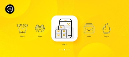 Illustration for Mail, Safe time and Alarm clock minimal line icons. Yellow abstract background. Mobile inventory, Fire energy icons. For web, application, printing. New messages, Hold clock, Time. Vector - Royalty Free Image