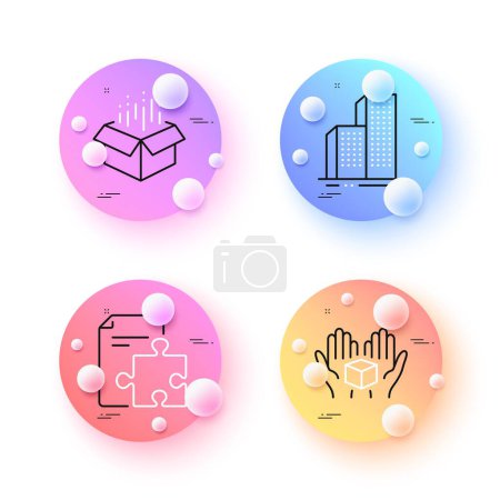 Illustration for Hold box, Open box and Strategy minimal line icons. 3d spheres or balls buttons. Skyscraper buildings icons. For web, application, printing. Delivery parcel, Delivery package, Puzzle. Vector - Royalty Free Image