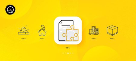 Illustration for Buildings, Strategy and Construction bricks minimal line icons. Yellow abstract background. Home, Delivery box icons. For web, application, printing. Town apartments, Puzzle, Builder. Vector - Royalty Free Image