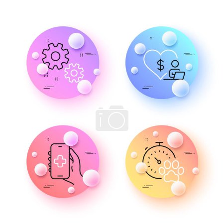 Téléchargez les illustrations : Work, Dog competition and Volunteer minimal line icons. 3d spheres or balls buttons. Health app icons. For web, application, printing. Settings, Pets activities, Social care. Healthcare phone. Vector - en licence libre de droit