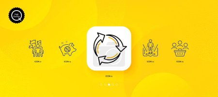 Téléchargez les illustrations : Buyers, Augmented reality and Piggy sale minimal line icons. Yellow abstract background. Recycle, Leadership icons. For web, application, printing. Vector - en licence libre de droit
