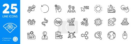 Illustration for Outline icons set. Quick tips, Covid test and Timeline icons. Coronavirus, Checklist, 360 degree web elements. Chemical formula, 5g wifi, Employees talk signs. Stop stress, Fake news. Vector - Royalty Free Image