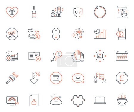 Illustration for Business icons set. Included icon as Consulting business, Calendar and Vote web elements. Coffee maker, Reject book, Phone payment icons. Brush, Champagne bottle, Scroll down web signs. Vector - Royalty Free Image