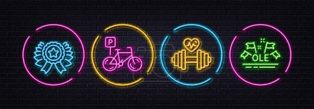 Illustration for Winner ribbon, Dumbbell and Bicycle parking minimal line icons. Neon laser 3d lights. Ole chant icons. For web, application, printing. Best award, Cardio training, Bike park. Vector - Royalty Free Image