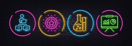 Illustration for Winner star, Work home and Chemistry lab minimal line icons. Neon laser 3d lights. Presentation icons. For web, application, printing. Best award, Freelance work, Laboratory. Board with charts. Vector - Royalty Free Image