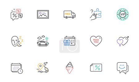 Illustration for Free delivery, Calendar and Discount banner line icons for website, printing. Collection of Car travel, Ice cream, Vip chip icons. Discounts chat, Search puzzle, Smile face web elements. Vector - Royalty Free Image
