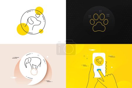 Téléchargez les illustrations : Minimal set of Elephant on ball, Pet friendly and Pets care line icons. Phone screen, Quote banners. Dog vaccination icons. For web development. Circus show, Dog paw, Shelter. Pets medicine. Vector - en licence libre de droit