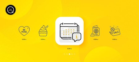 Téléchargez les illustrations : Calendar, Ice cream and Sale minimal line icons. Yellow abstract background. Passport warning, Be mine icons. For web, application, printing. Schedule info, Sundae cup, Shopping tag. Vector - en licence libre de droit