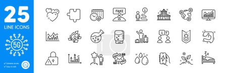 Illustration for Outline icons set. Fake review, Interview and E-mail icons. Sleep, Lock, Cardio calendar web elements. Statistics, Support, Video conference signs. Survey results, Grow plant, Like. Star. Vector - Royalty Free Image