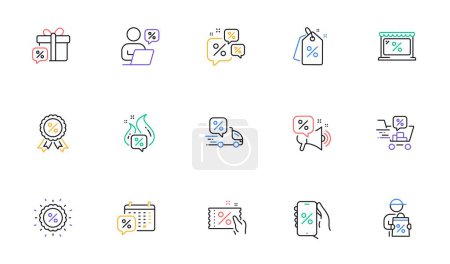 Illustration for Discounts line icons. Sale Coupon, Online shopping sign, Discount price tag. Wholesale store market, calendar, hot deal line icons. Coupon ticket, megaphone offer, delivery discount. Vector - Royalty Free Image