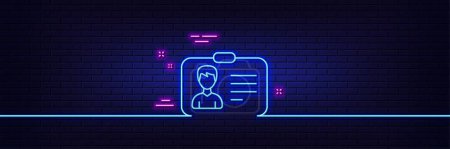 Illustration for Neon light glow effect. ID card line icon. User Profile sign. Male Person silhouette symbol. Identification plastic card. 3d line neon glow icon. Brick wall banner. Identification card outline. Vector - Royalty Free Image