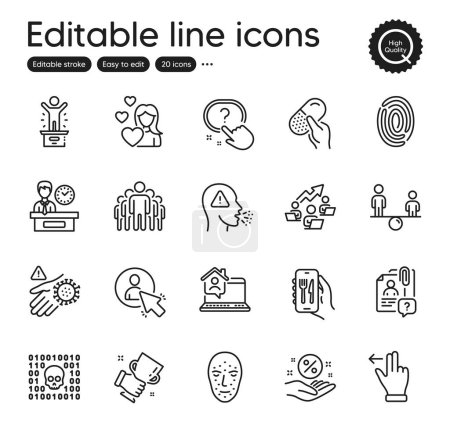 Illustration for Set of People outline icons. Contains icons as Group, Cough and Binary code elements. Face biometrics, Teamwork chart, Fingerprint web signs. Equity, Winner cup, Loan percent elements. Vector - Royalty Free Image