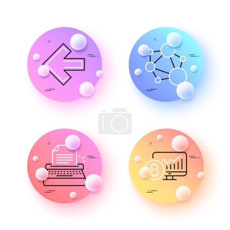 Illustration for Bitcoin chart, Left arrow and Integrity minimal line icons. 3d spheres or balls buttons. Typewriter icons. For web, application, printing. Vector - Royalty Free Image