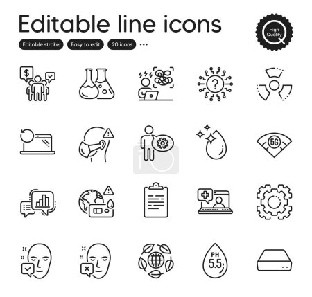 Illustration for Set of Science outline icons. Contains icons as Graph chart, Covid test and Clipboard elements. Eco organic, Teamwork, Chemistry lab web signs. Question mark, Chemical hazard. Vector - Royalty Free Image
