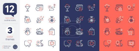 Illustration for Set of Coffee, Car travel and Ice cream line icons. Include Heart, Shift, Coupons icons. Sale bags, Snowman, Delivery web elements. Journey, Christmas ball, Puzzle time. Cafe, Transport. Vector - Royalty Free Image