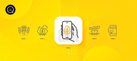Téléchargez les illustrations : Honeymoon cruise, Organic tested and Ecology app minimal line icons. Yellow abstract background. Stress, Smile icons. For web, application, printing. Vector - en licence libre de droit
