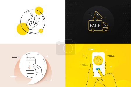 Illustration for Minimal set of Money loss, Jazz and Scroll down line icons. Phone screen, Quote banners. Fake news icons. For web development. Economy bankruptcy, Saxophone, Swipe phone. Social propaganda. Vector - Royalty Free Image