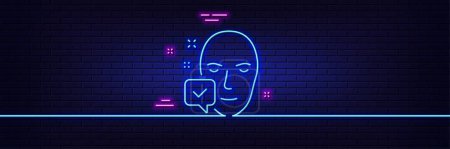Illustration for Neon light glow effect. Face accepted line icon. Access granted sign. Facial identification success symbol. 3d line neon glow icon. Brick wall banner. Face accepted outline. Vector - Royalty Free Image