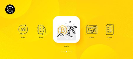 Illustration for Support, Cyber attack and Update data minimal line icons. Yellow abstract background. Bitcoin mining, Checklist icons. For web, application, printing. Phone info, Web ddos, Sales statistics. Vector - Royalty Free Image