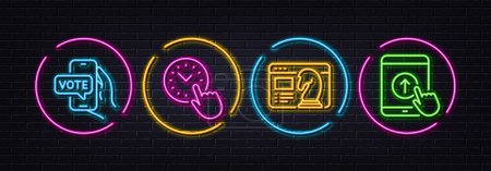 Illustration for Online voting, Time management and Seo strategy minimal line icons. Neon laser 3d lights. Swipe up icons. For web, application, printing. Internet chat, Office clock, Chess knight. Vector - Royalty Free Image