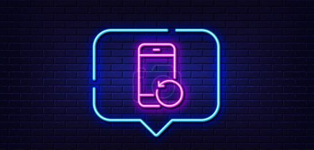 Illustration for Neon light speech bubble. Recovery phone line icon. Backup data sign. Restore smartphone information symbol. Neon light background. Recovery phone glow line. Brick wall banner. Vector - Royalty Free Image