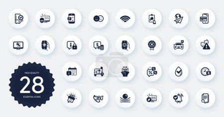 Illustration for Set of Technology icons, such as 360 degree, Smartphone notification and Parking flat icons. Like, Inspect, Smile web elements. Elastic material, Lock, Discounts chat signs. Map. Vector - Royalty Free Image