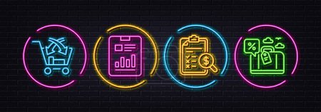 Illustration for Accounting report, Report document and Cross sell minimal line icons. Neon laser 3d lights. Travel loan icons. For web, application, printing. Check finance, Page with charts, Market retail. Vector - Royalty Free Image