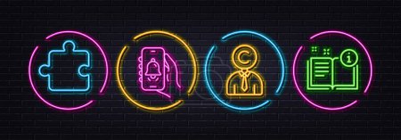 Illustration for Puzzle, Copyrighter and Bell alert minimal line icons. Neon laser 3d lights. Manual icons. For web, application, printing. Puzzle piece, Writer person, Alarm clock. Read book. Vector - Royalty Free Image