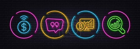 Illustration for Contactless payment, Bitcoin chart and Quote bubble minimal line icons. Neon laser 3d lights. Seo analysis icons. For web, application, printing. Vector - Royalty Free Image