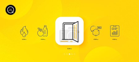 Illustration for Open door, Augmented reality and Flammable fuel minimal line icons. Yellow abstract background. Report document, Healthy food icons. For web, application, printing. Vector - Royalty Free Image