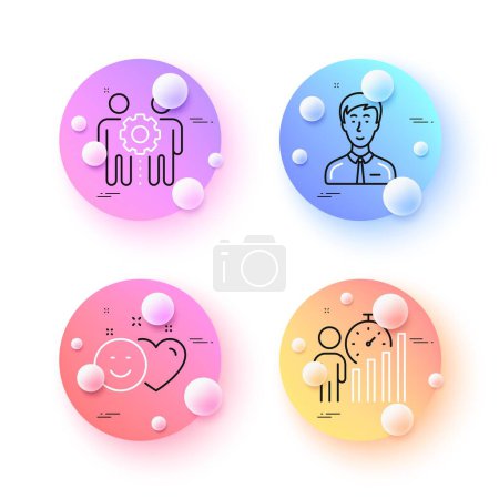 Illustration for Businessman person, Business statistics and Smile minimal line icons. 3d spheres or balls buttons. Employees teamwork icons. For web, application, printing. Vector - Royalty Free Image