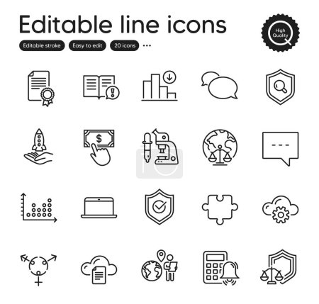 Illustration for Set of Education outline icons. Contains icons as Puzzle, File storage and Messenger elements. Cloud computing, Approved shield, Microscope web signs. Blog, Genders, Payment click elements. Vector - Royalty Free Image