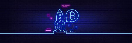 Neon light glow effect. Bitcoin line icon. Cryptocurrency startup sign. Crypto rocket symbol. 3d line neon glow icon. Brick wall banner. Bitcoin project outline. Vector