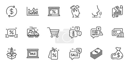 Ilustración de Outline set of Discounts ribbon, Startup and Discount tags line icons for web application. Talk, information, delivery truck outline icon. Include Stress, Card, Report document icons. Vector - Imagen libre de derechos